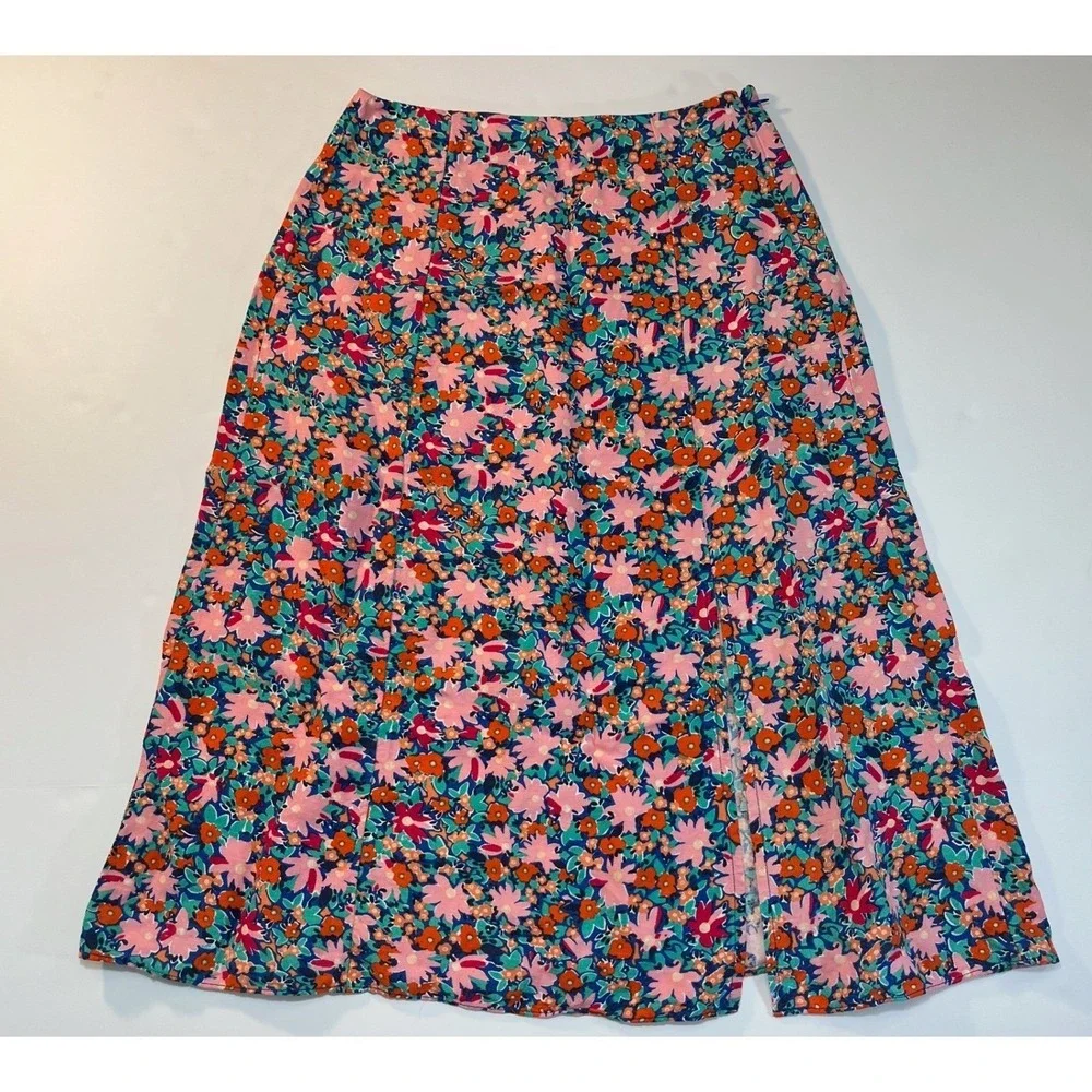 LOFT Linen Skirt Floral Midi Skirt‎ 00P Multicolor Side Slit A-Line Ditsy Summer